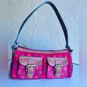 VINTAGE DOONEY & BOURKE PINK TAN/BLUE TRIMMING DOUBLE POCKET SATCHEL RAINBOW Y2K